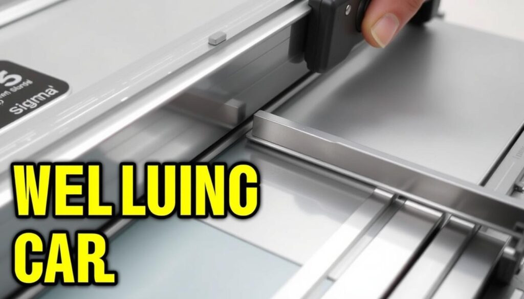 Generate an image of the Sigma Pull Handle 26" Tile Cutter 3B4 with its measuring bar rotated for a diagonal cut.