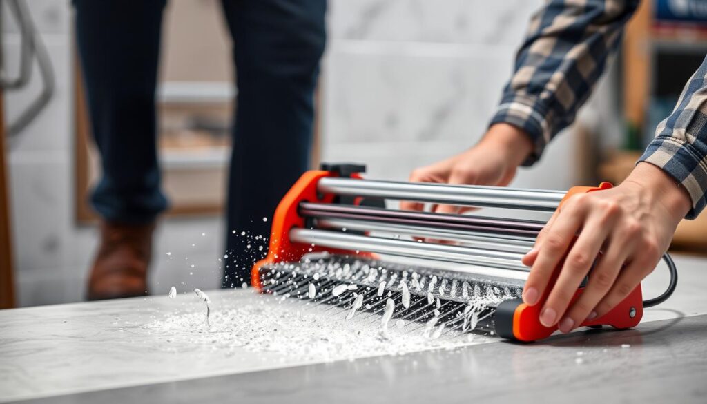 Generate an image of the Siri Briccolina Electric Tile Cutter, highlighting its portable design and water-cooled system.