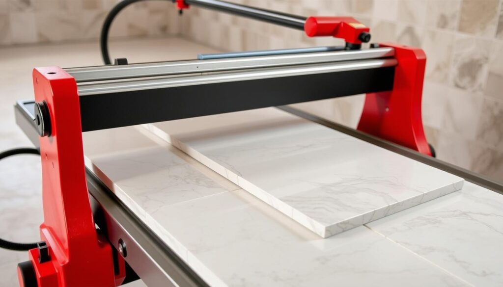 Generate an image of the Tomecanic 29" Supercut 2175 Tile Cutter in use, cutting a large porcelain tile.