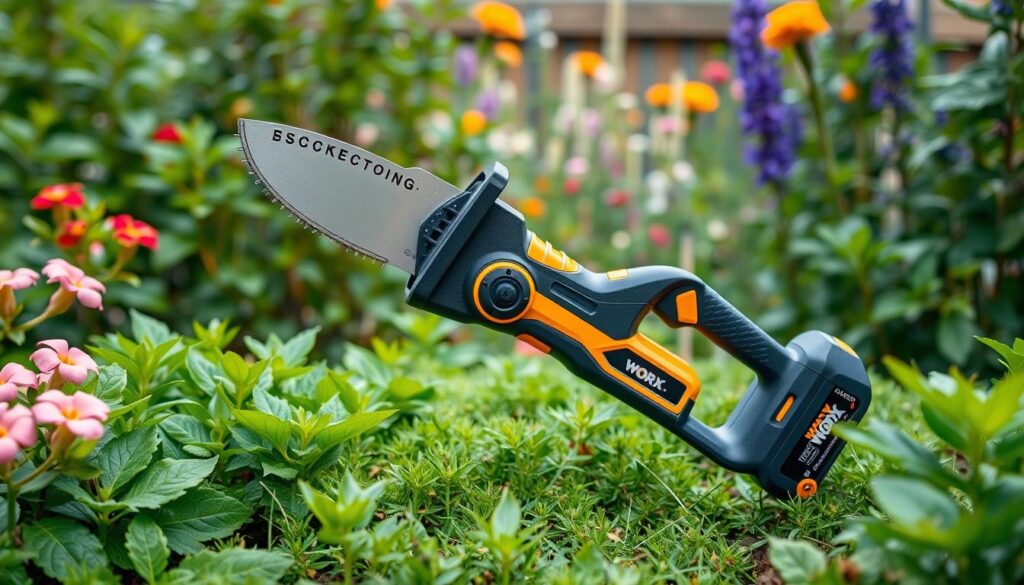 Generate an image of the Worx WG330E cordless pruner in a garden setting.
