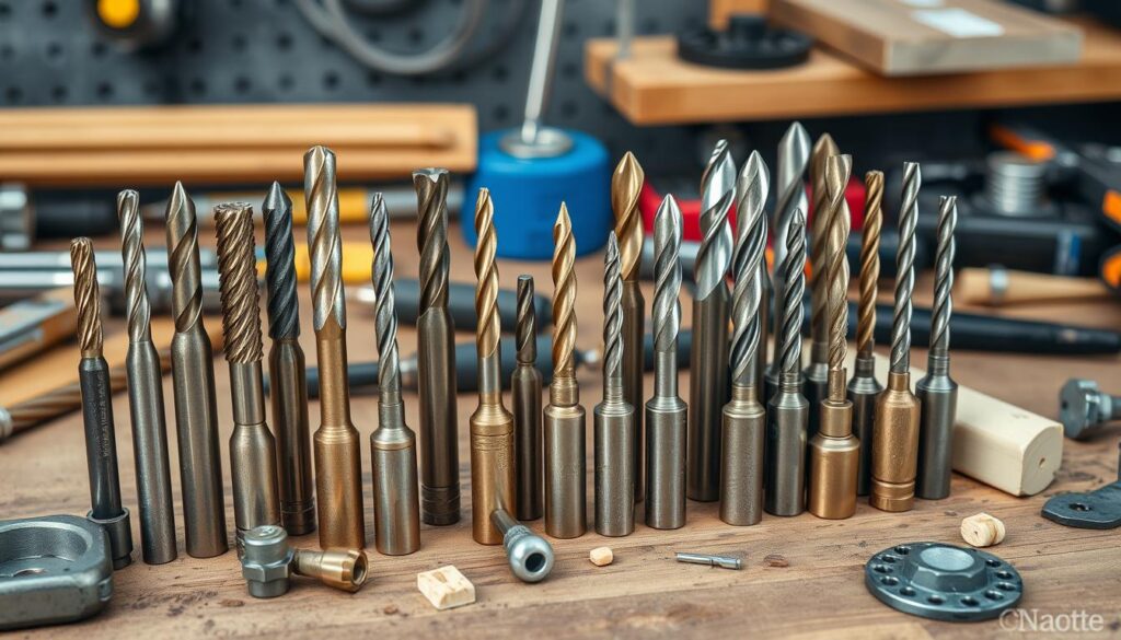 Generate an image of various specialised drill bits for DIY projects.