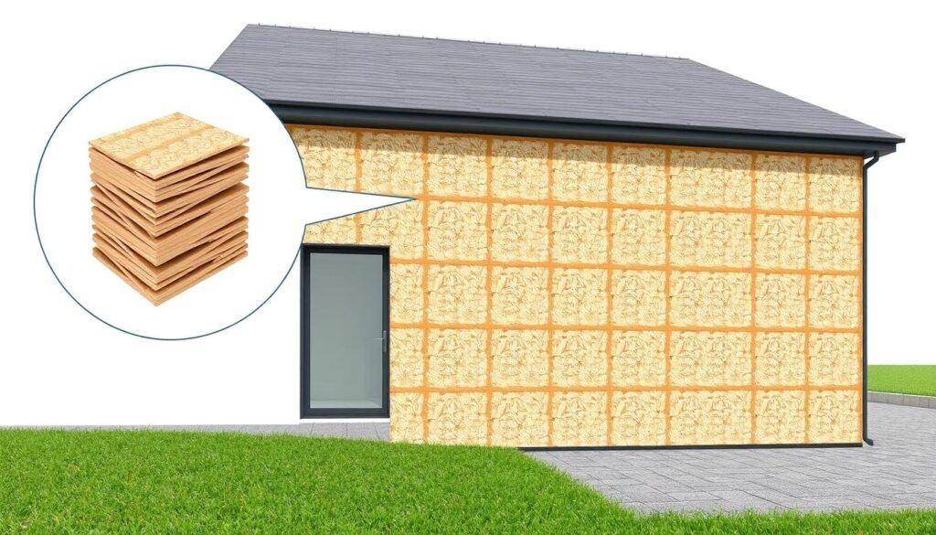 Generate an image of wood fibre insulation boards being used in an external wall insulation system.