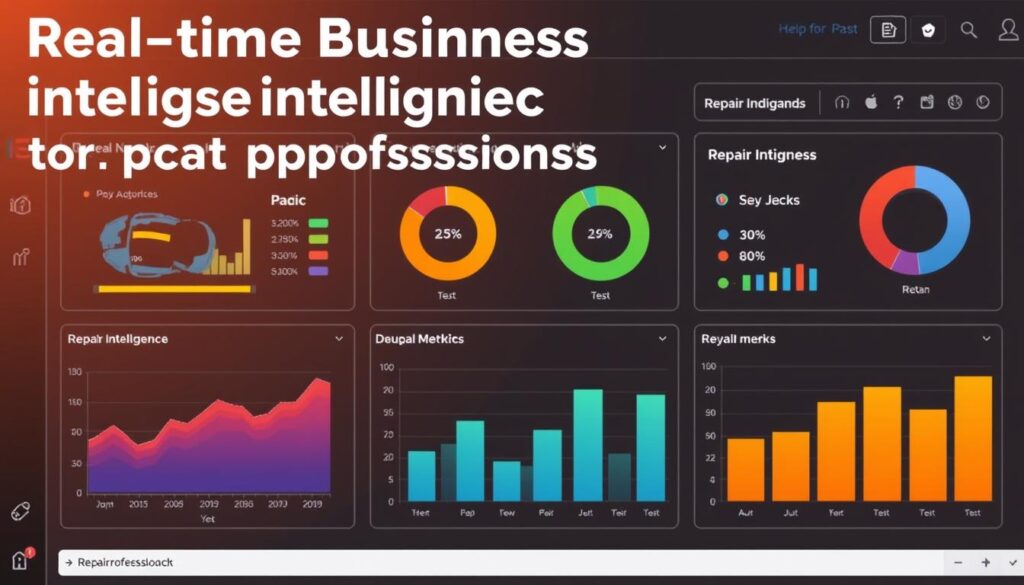 Generate an image representing real-time business intelligence for repair professionals, showcasing a dashboard with key metrics and performance indicators.