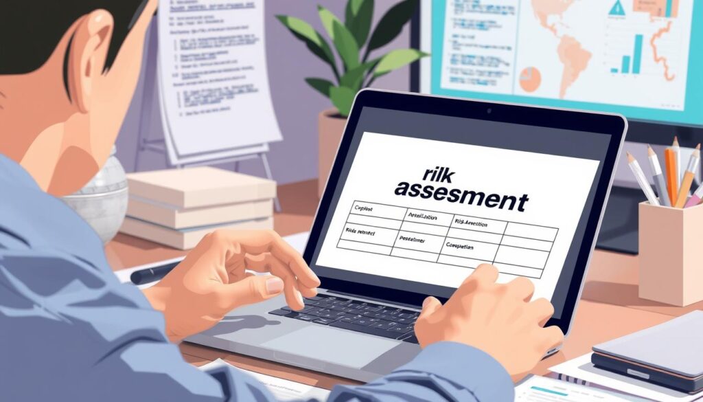 Generate image of a person using a risk assessment template on a laptop