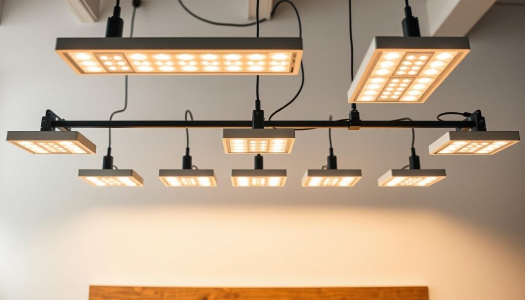 High-quality close-up of an array of modern LED task lights mounted over a wooden workbench, with adjustable brightness and color temperature. The lights are mounted on a sleek, minimalist suspension system that casts a warm, uniform glow across the bench surface. The lighting arrangement is showcased against a clean, neutral background that emphasizes the advanced features and design of the LED setup. The image should convey a sense of functionality, efficiency, and attention to detail in the lighting solution.