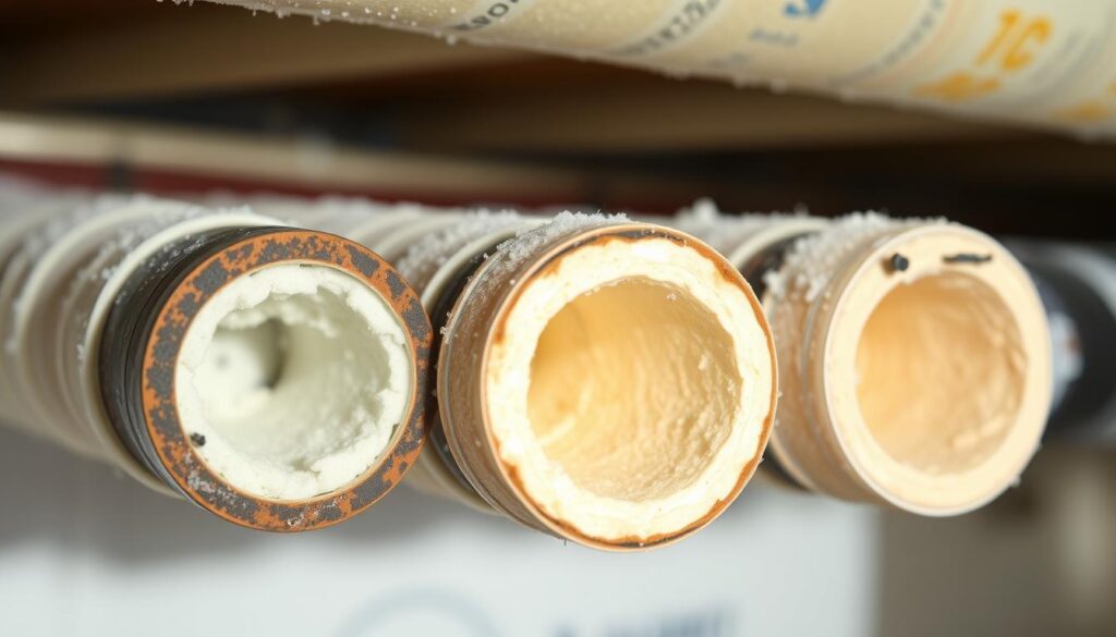 High-quality close-up shot of insulated pipes, showcasing their cross-section and the different insulation materials used. The pipes are illuminated by soft, natural lighting, highlighting the texture and color variations of the insulation. The image has a clean, informative look, with a focus on the details that would be useful in an article about preventing pipe freezes. The background is slightly blurred, keeping the attention on the central subject. The angle emphasizes the thickness and effectiveness of the insulation, conveying a sense of protection and thermal efficiency.