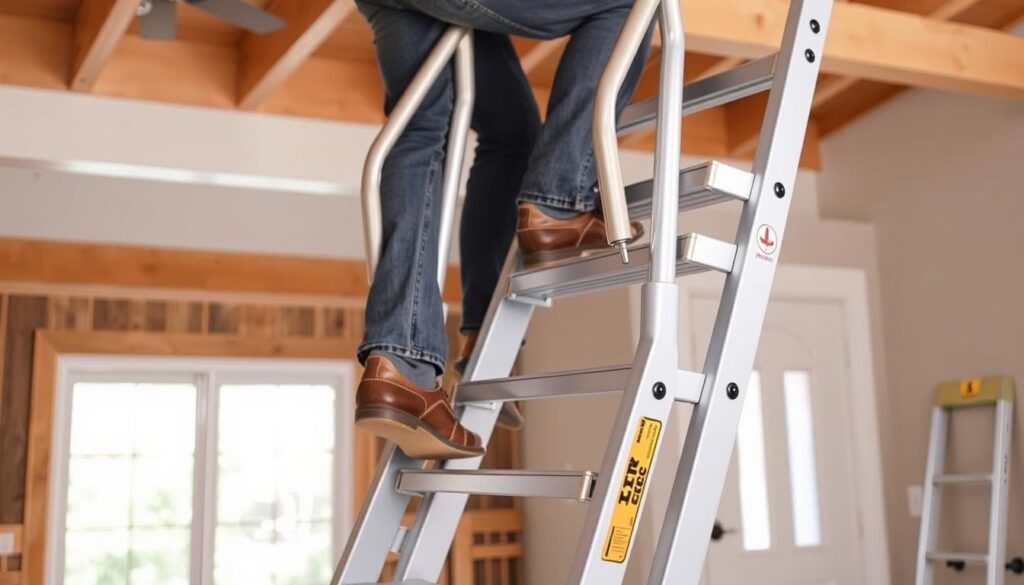 Image of HBTower 3-Step Ladder with Handrails in use