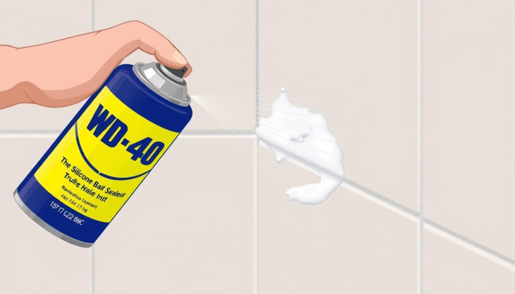 Image of WD-40 being sprayed onto silicone sealant on tiles