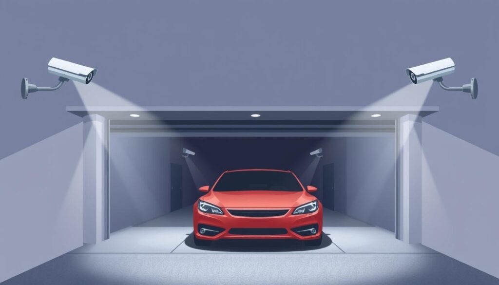 Image of a garage with motion-activated lighting and CCTV cameras