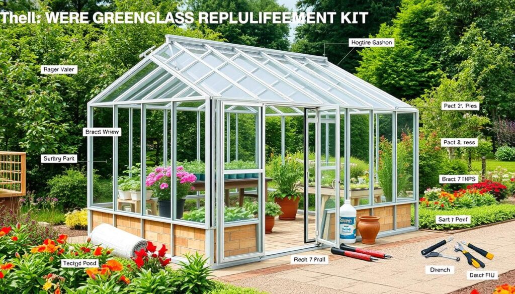 Image of a greenhouse glass replacement kit