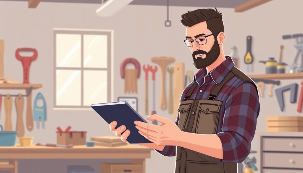Image of a handyman using a tablet with a scheduling app open