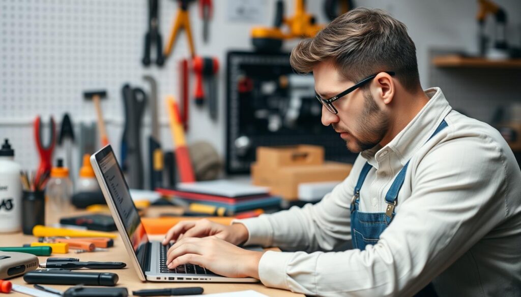 Image of a handyman working on a website on a laptop