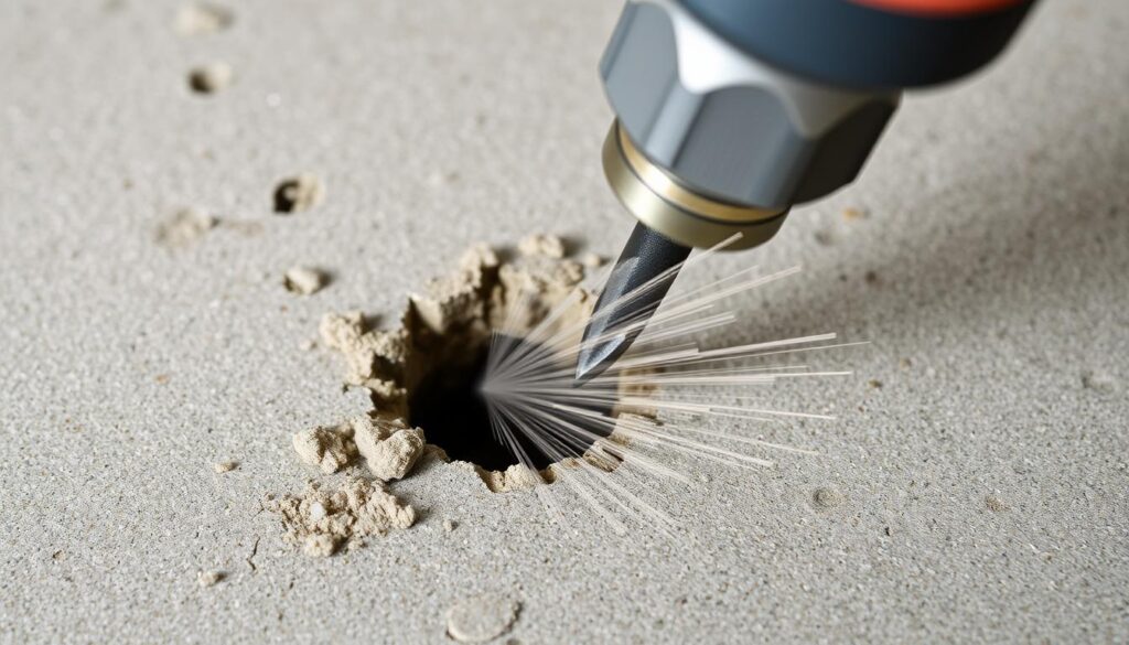 Image of a masonry drill bit in action, drilling into concrete