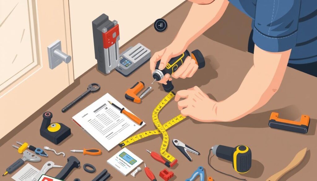 Image of a person gathering tools and materials for smart lock installation