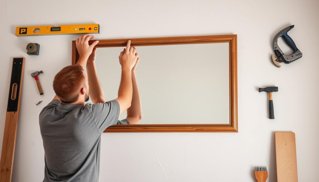 Image of a person hanging a heavy mirror on drywall with necessary tools around.
