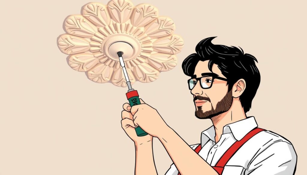 Image of a person holding a VDE-rated screwdriver and a ceiling rose