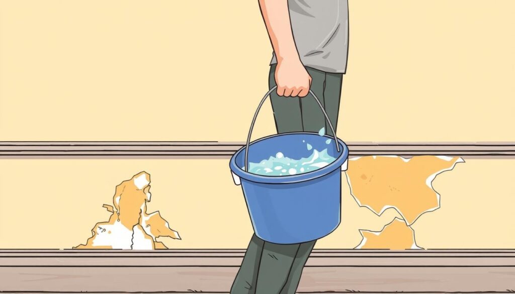 Image of a person holding a bucket of hot water and a sponge near a wall with wallpaper adhesive residue.