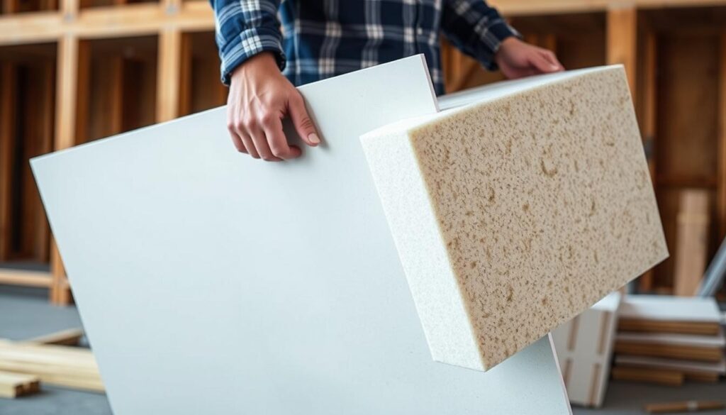 Image of a person holding a plasterboard and acoustic mineral wool