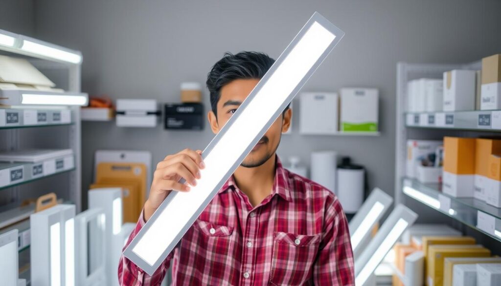 Image of a person holding an LED batten light, with various options displayed around them.