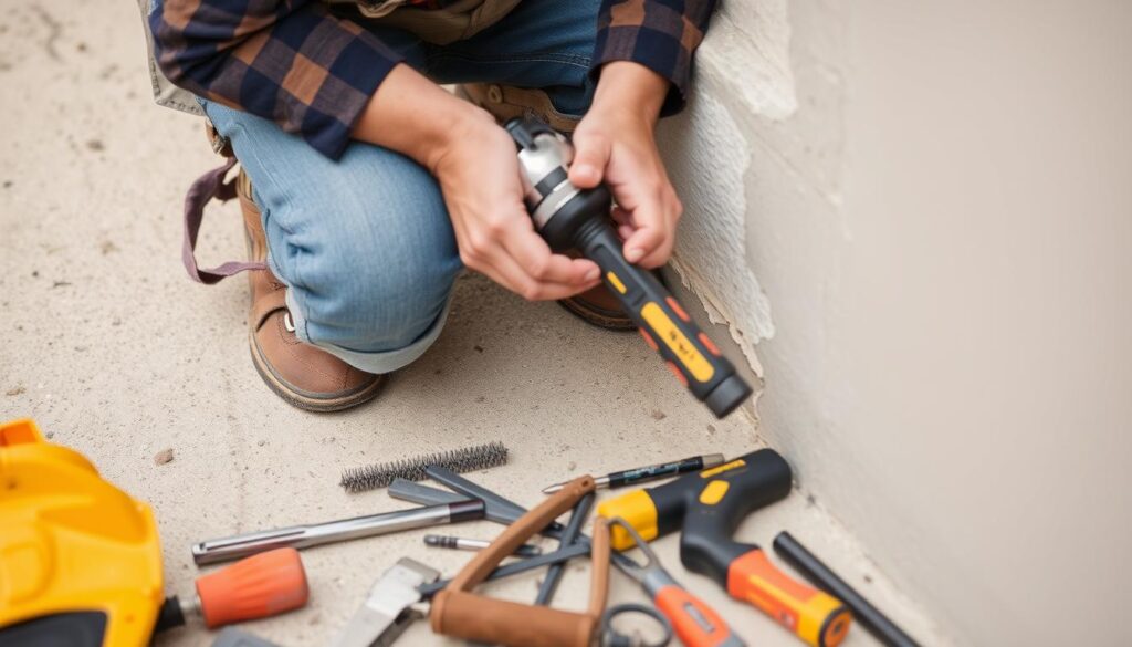 Image of a person preparing to repair exterior render with necessary tools