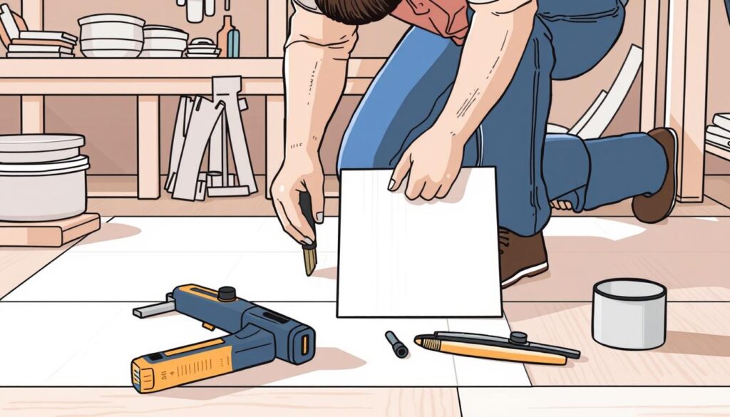Image of a person preparing tools and materials for self-adhesive vinyl tile installation
