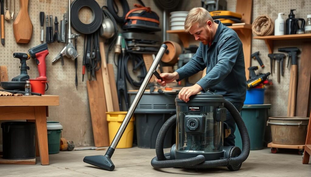 Image of a person using a compact wet-dry shop vac in a small workshop