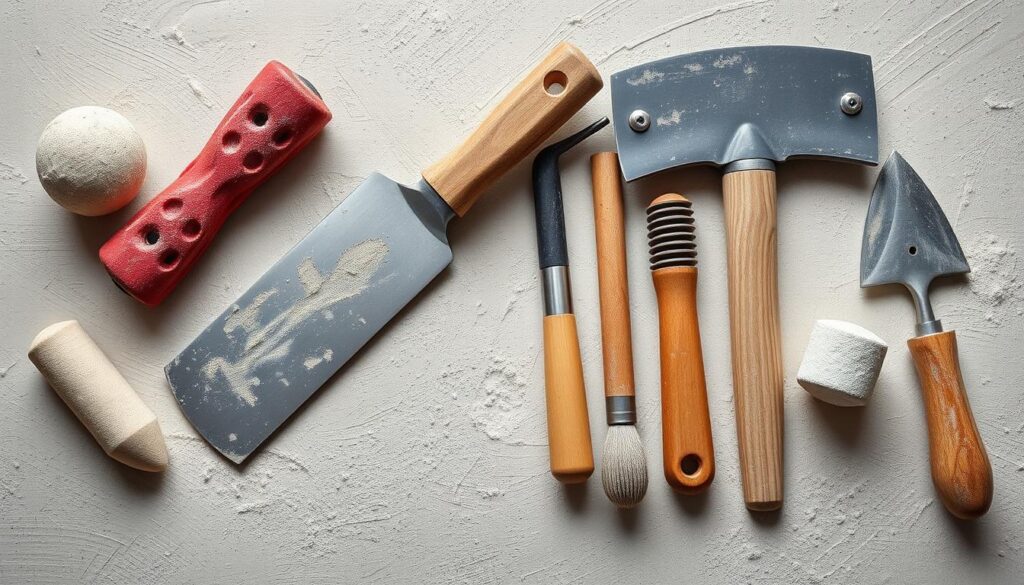 Image of a plasterer's trowel, hawk, and other essential plastering tools