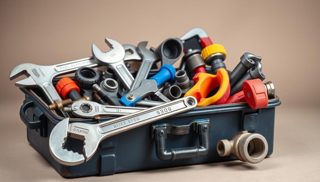 Image of a plumber's toolbox with various plumbing tools