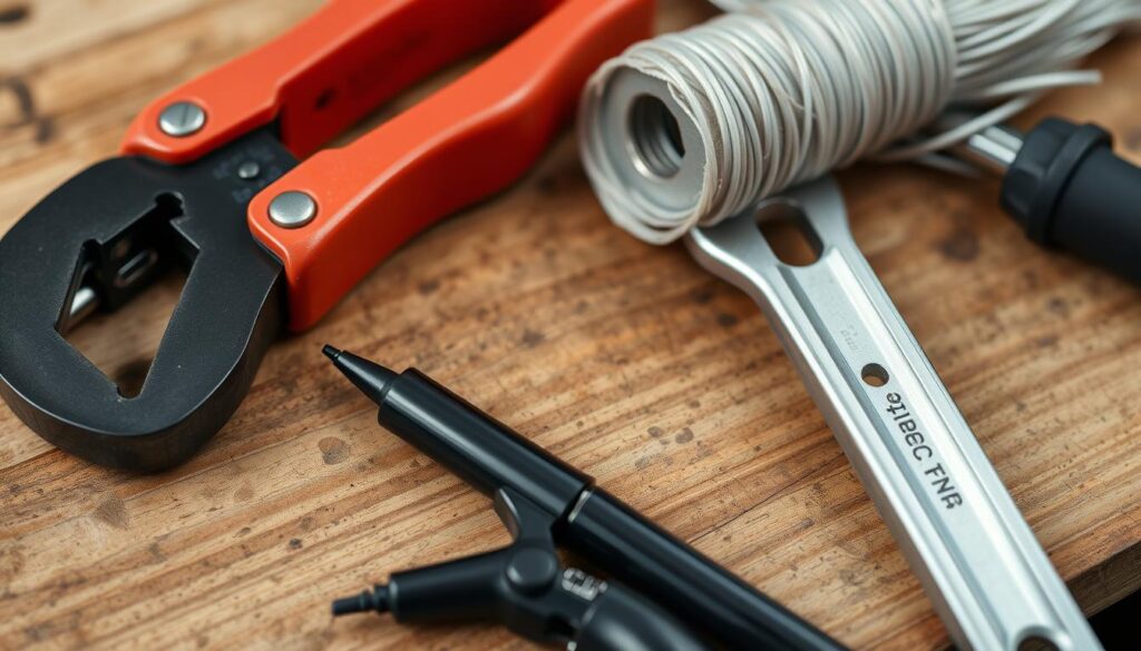 Image of a plumber's toolkit including a pipe cutter, adjustable spanner, wire wool, and a permanent marker.