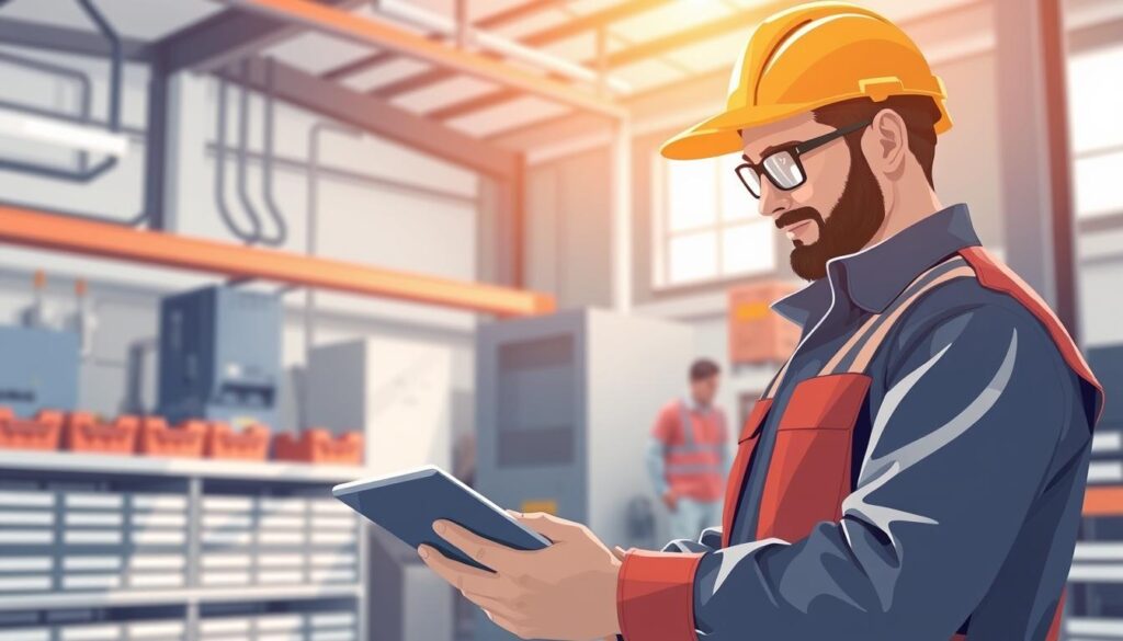 Image of a repair professional using job-management software on a tablet