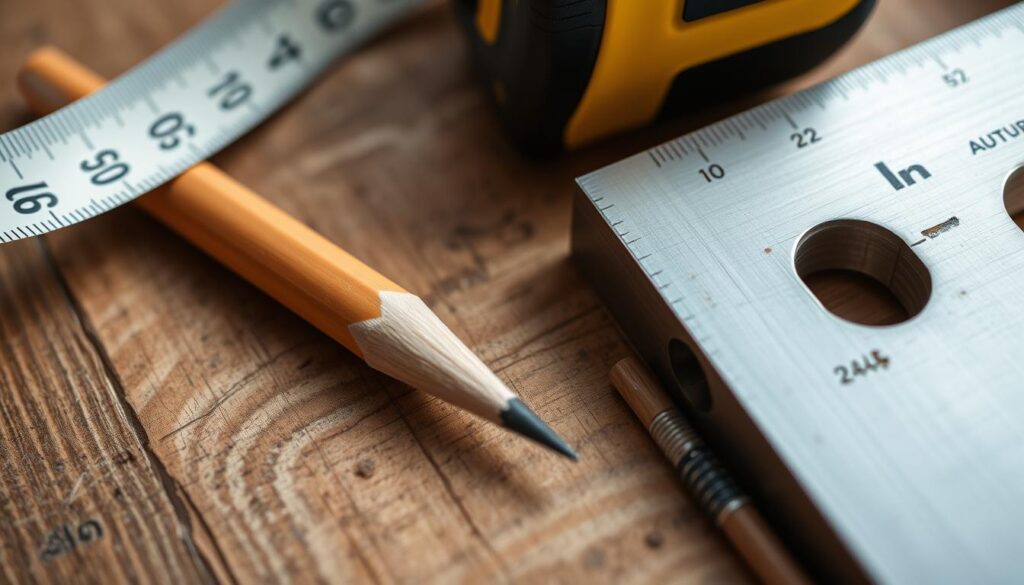 Image of a tape measure, pencil, and square on a wooden surface