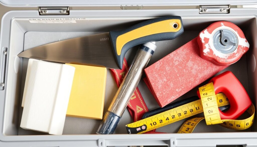 Image of a toolbox with essential plasterboard repair tools