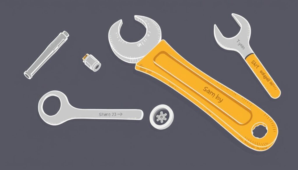 Image of a toolkit containing an Allen key, adjustable wrench, and other necessary tools for kitchen tap cartridge replacement