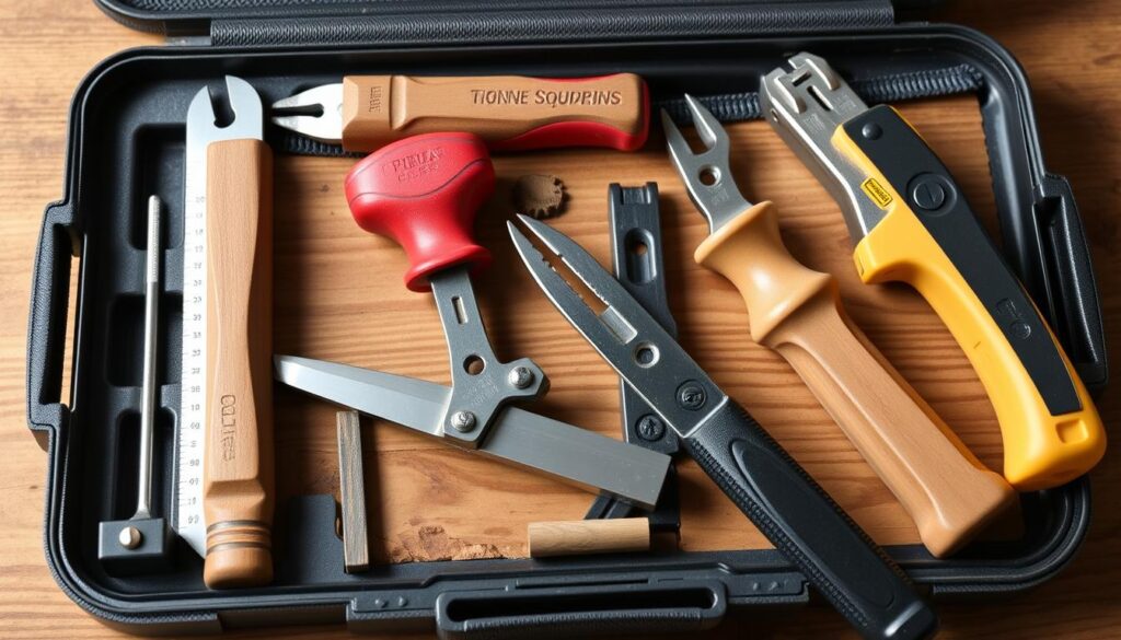 Image of a toolkit with essential tools for fixing broken floorboard tongue
