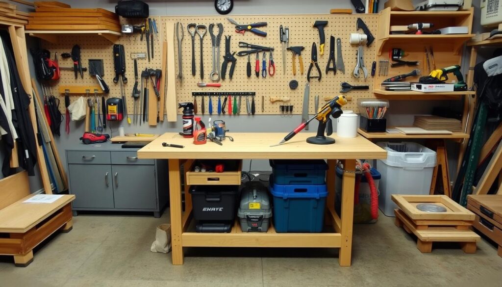 Image of a well-organised workshop with a folding workbench