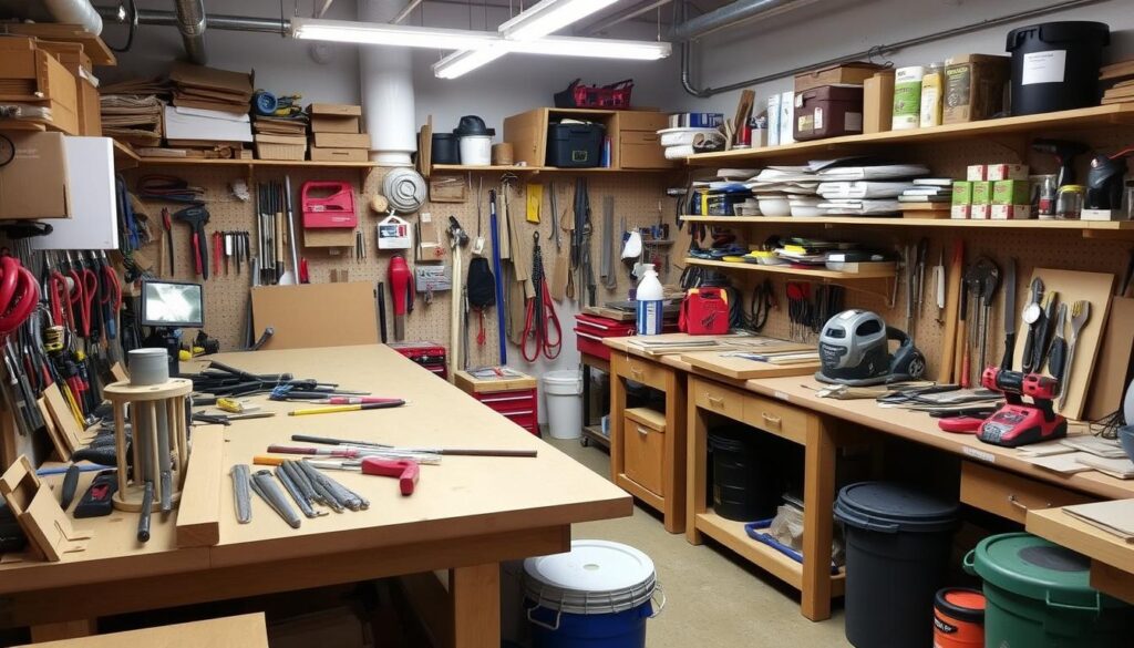 Image of a well-organised workshop with various tools and materials