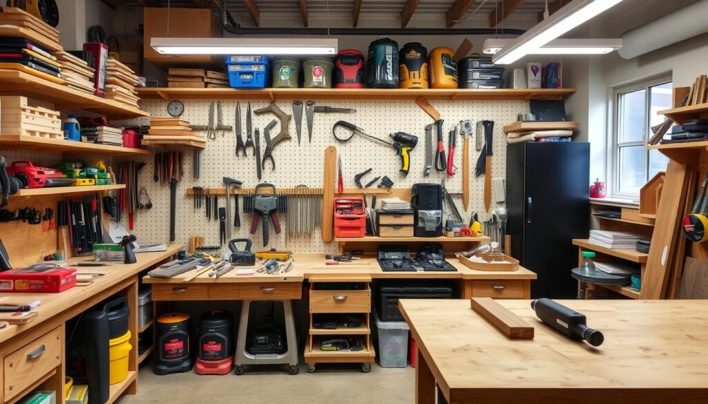 Image of a well-organised workshop with various tools and materials for a French cleat system