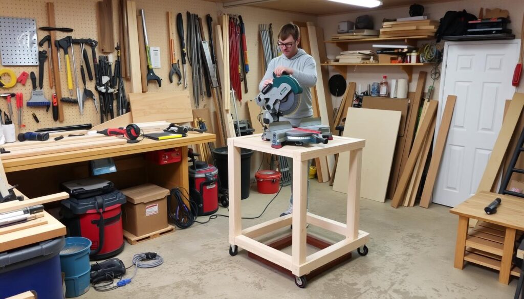 Image of a well-organized workshop with various tools and materials for building a mobile miter saw stand.