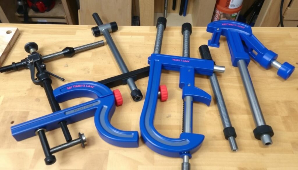 Image of bar clamps and C-clamps used for woodwork