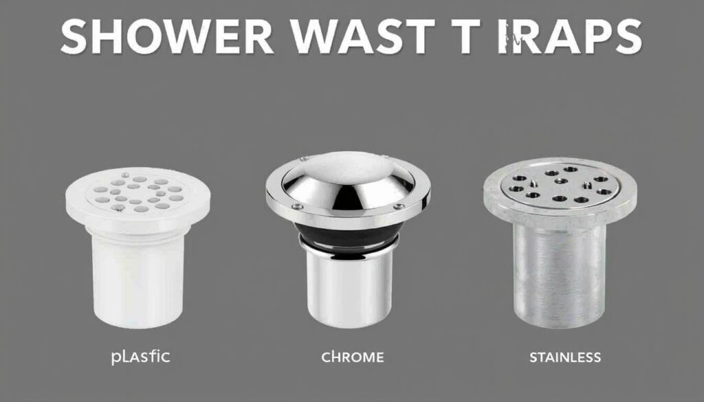 Image of different shower waste traps made from plastic, chrome, and stainless steel.