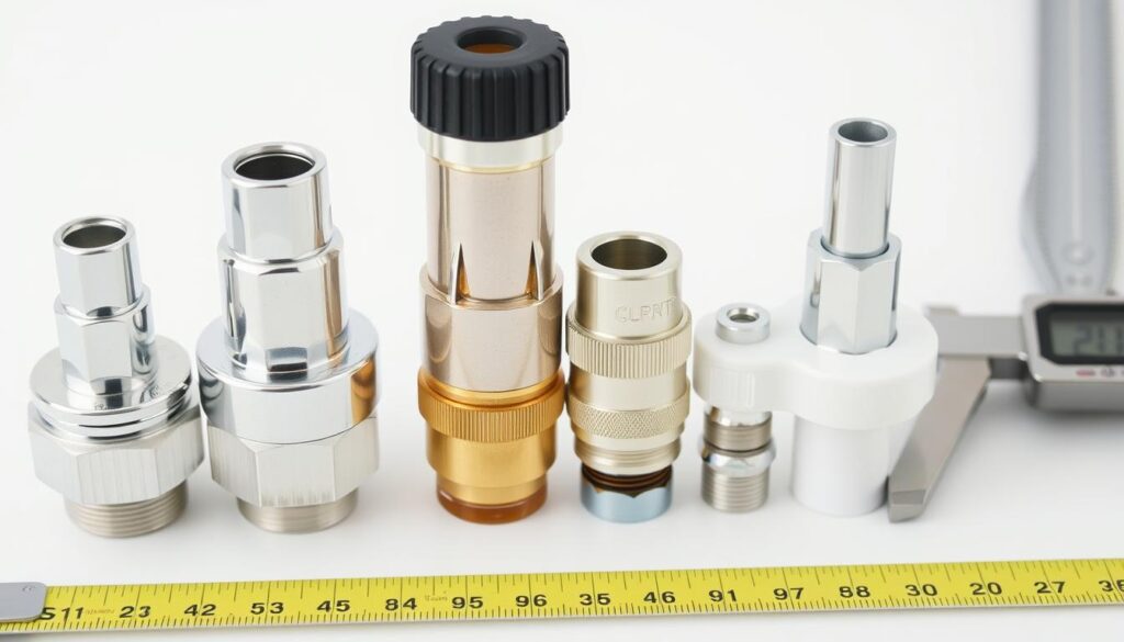 Image of different types of mixer tap cartridges and a measuring tape or caliper
