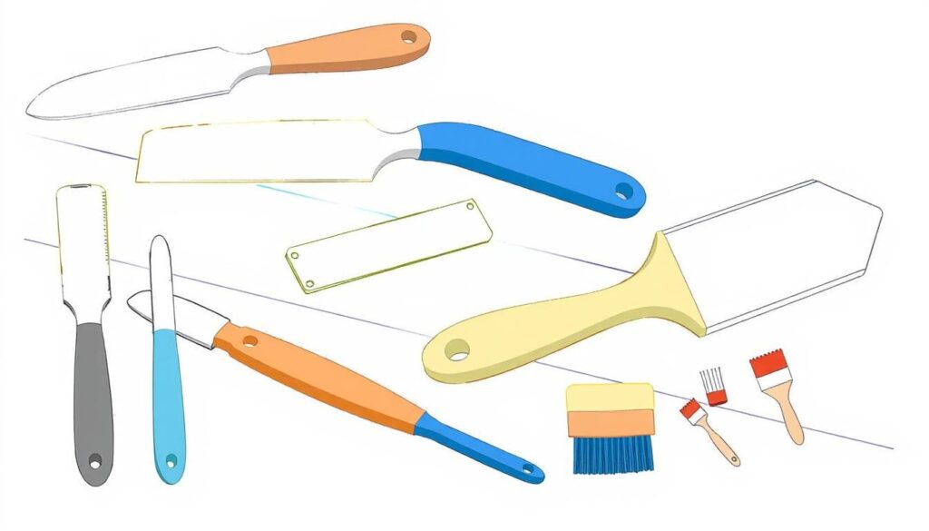 Image of putty knives, plastic spreaders, and small brushes for applying fillers and adhesives