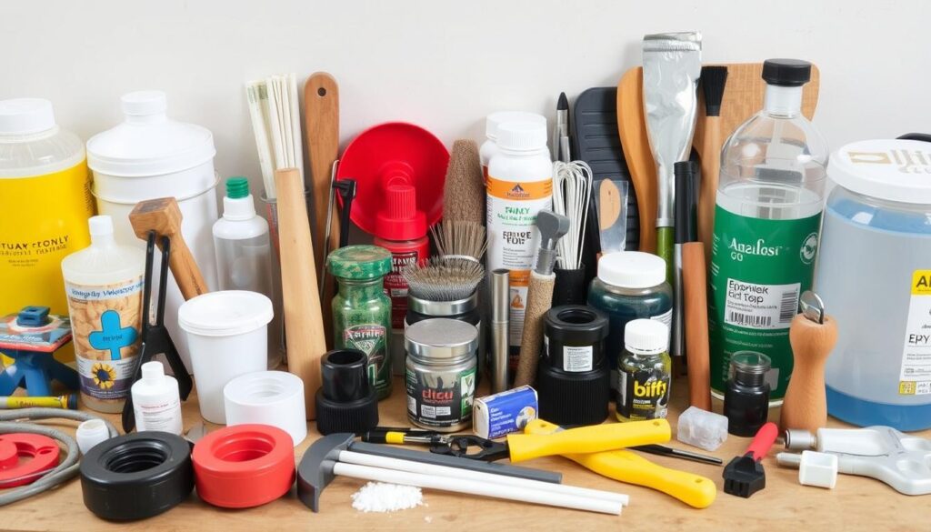 Image of various epoxy mixing tools and materials