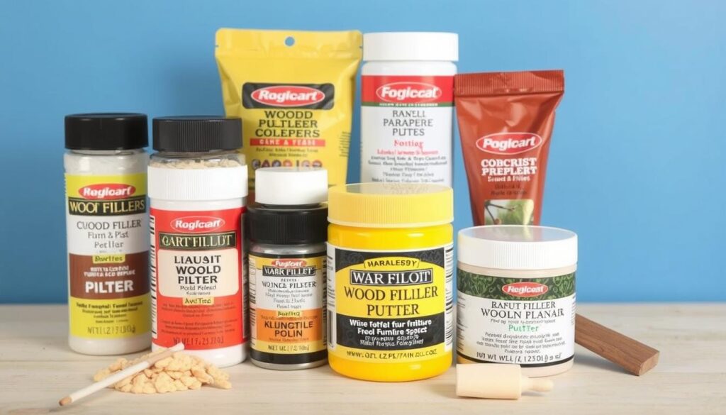 Image of various wood fillers and putties for furniture repair