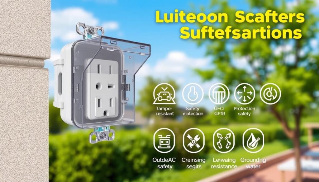 Outdoor socket safety regulations: A detailed illustration showcasing a weatherproof electrical outlet, mounted on a sturdy exterior wall. The socket is shielded by a transparent cover, protecting it from the elements. The foreground depicts the socket's safety features, including tamper-resistant design and grounding terminals. In the middle ground, various safety icons and labels highlight the requirements for outdoor electrical installations, such as GFCI protection and water resistance. The background features a serene outdoor scene, with lush greenery and a clear, blue sky, conveying a sense of safety and responsibility in electrical installations. Captured with a wide-angle lens, the image offers a comprehensive view of the essential safety considerations for outdoor sockets.