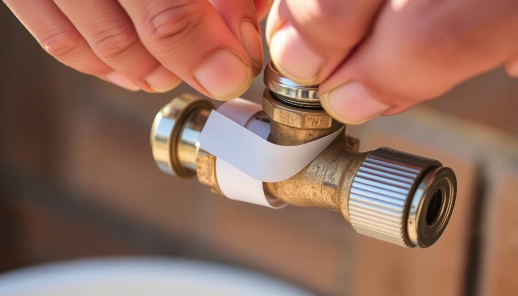 Reassembling outside tap with PTFE tape: A close-up view of a person's hands carefully wrapping PTFE tape around the threads of an outdoor water faucet, preparing to reattach it. The faucet's metal surface gleams under warm, natural lighting, while the PTFE tape's stark white hue provides a crisp contrast. The background is blurred, focusing the viewer's attention on the intricate process of sealing the connection. The scene conveys a sense of precision and attention to detail, reflecting the care needed to properly repair a leaking outdoor tap.