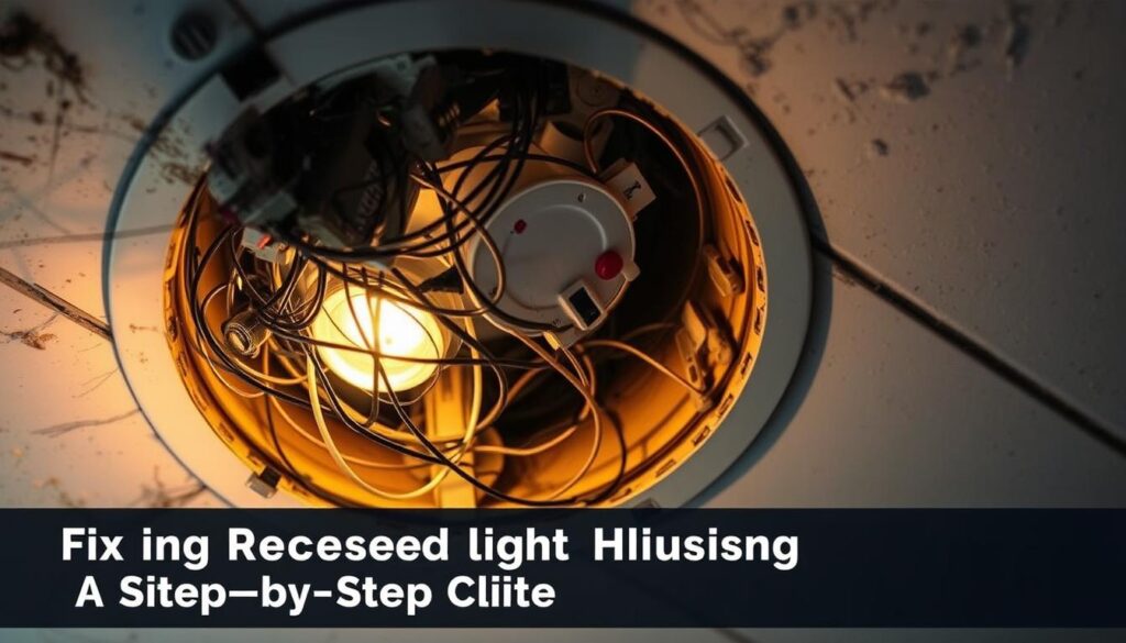 Recessed light housing in disrepair, revealing tangled wiring and outdated components. A close-up view showcases the intricate details of the housing, illuminated by a warm, ambient glow. The scene evokes a sense of neglect and the need for renovation, setting the stage for the guide on "Fixing Recessed Light Housing: A Step-by-Step Guide." The image should convey the common issues homeowners face with recessed light housings, such as outdated technology, faulty installation, or accumulated dust and debris.
