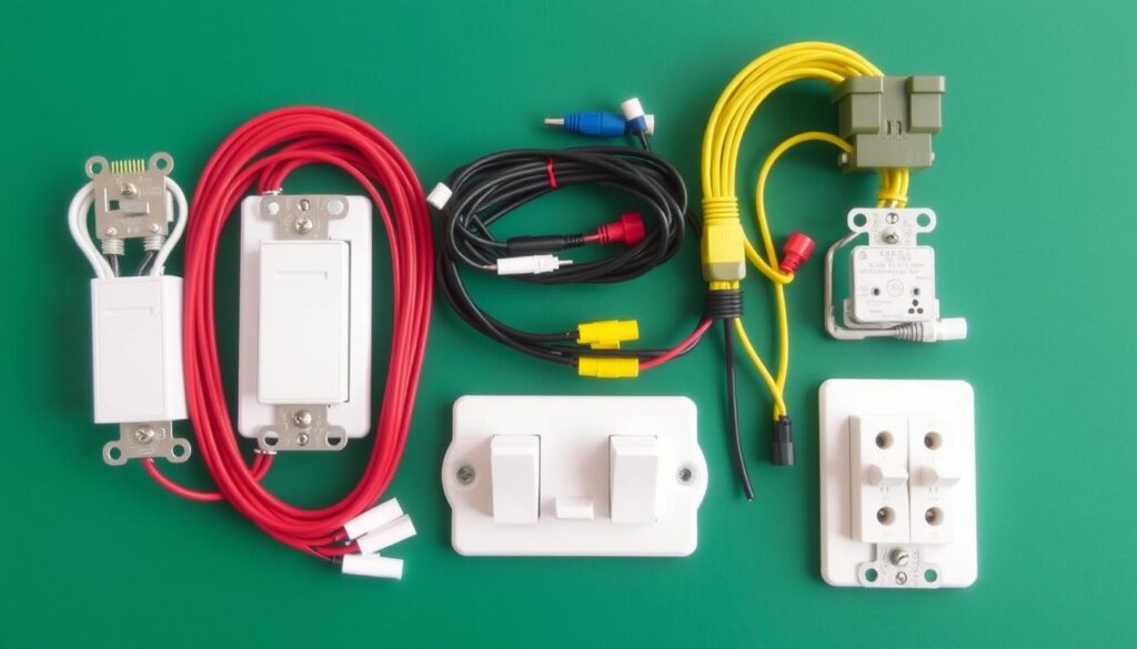 Three-way light switch wiring kit in the UK, including switches, cables, and connectors