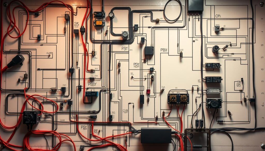 a detailed and realistic electrical circuit diagram, featuring a complex network of wires, resistors, capacitors, transistors, and other electronic components. The circuit is illuminated by a soft, warm lighting, casting subtle shadows and highlights that accentuate the intricate connections and components. The layout is organized and clean, with a clear and logical flow, indicating a well-designed and functional circuit. The overall mood is one of technical precision and safety, reflecting the "Safety and Legal Considerations" theme of the article section. The image is captured from a slightly elevated angle, providing a comprehensive view of the circuit's structure and components.