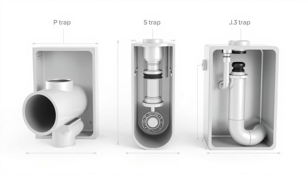 a detailed technical illustration of different types of sink traps, including a P-trap, S-trap, and J-trap, with a clean and professional appearance, rendered in high-resolution with precise engineering-style drawings, showcasing the internal mechanisms and components of each trap design, set against a plain white background with soft, even lighting, captured from a straight-on, eye-level perspective to highlight the key structural features